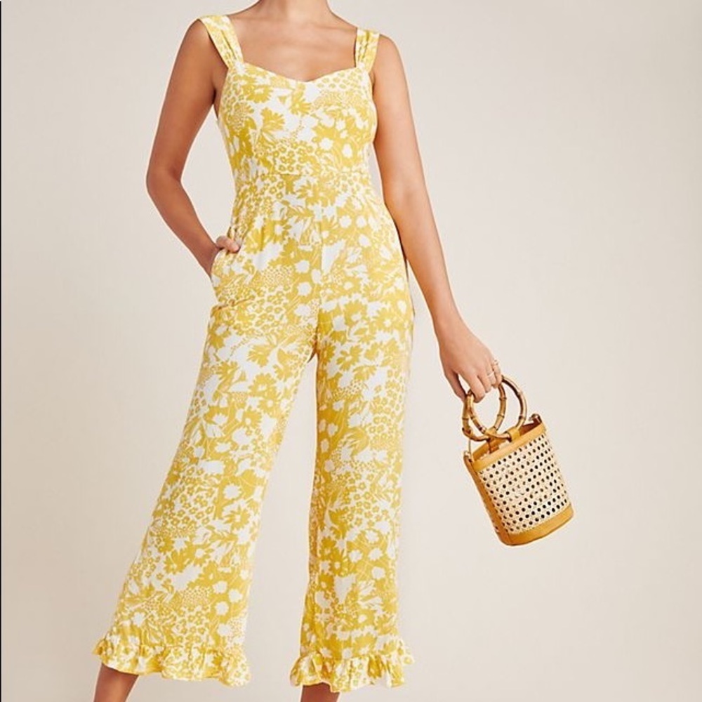 Faithfull the brand yellow Kasbah floral sleeveless ruffle hem jumpsuit 6